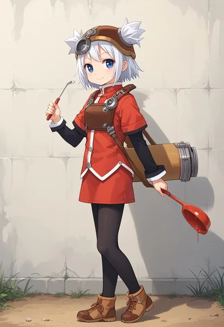 score_8, score_8_up, score_7_up, source_anime, anime screenshot BREAK 1girl, female focus, solo, pratty_scs, white hair, helmet, hair through headwear, two side up, bangs, sidelocks, short hair, blue eyes, Mandarin collar, red jacket, chest guard, red skirt, layered sleeves, short over long sleeves, sleeve cuffs, pantyhose, black pantyhose, ankle boots, brown footwear, holding ladle, ladle, full body, from side, alber_guard, smile, fighting stance