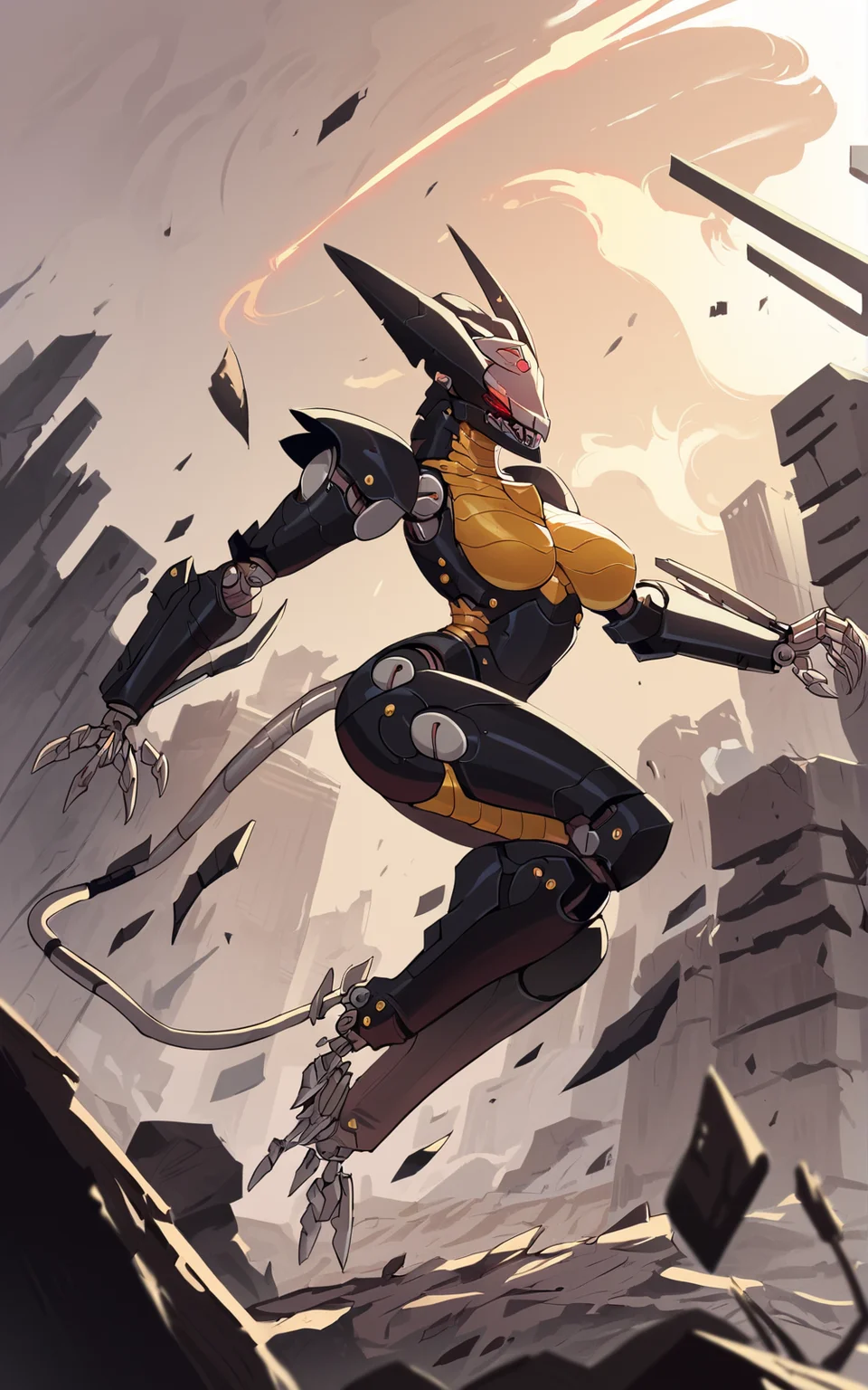 score_9, score_8_up, score_7_up,((best quality)), absurdres, ((full body)), <lora:BolivanteStyle:0.8>, <lora:BWMGSPXL:0.8>,BWMGSPXL, non-humanoid robot, red eyes,robot joints, mechanical tail,anthro,claws, yellow chest, female furry,claws, slim, breast,action pose, city, rubble