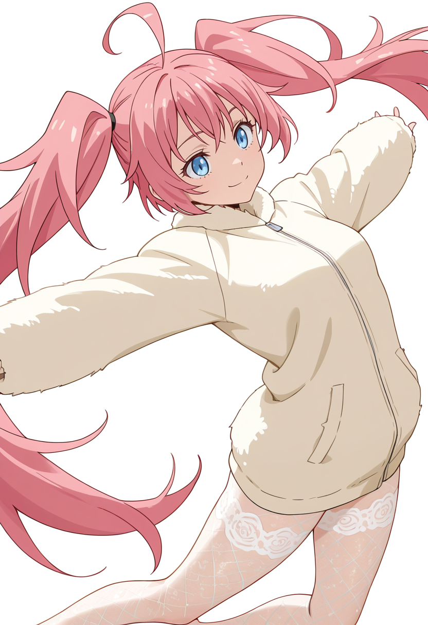 Smooth Quality,masterpiece,very intricate, high quality details, ultra realistic, high detailed skin,detailed enviorement,absurdres,
simple background, white background,solo,
jumping, arms open, legs bent, smiling, midair,  ,dynamic angle,disappointed,frown, 
baseball jacket,  ,fur coat, ,lace leggings,  , 
 <lora:Nava_Milim_cnn:0.8> milim,1girl, pink hair, twintails,very long hair, small breasts,ahoge,blue eyes,