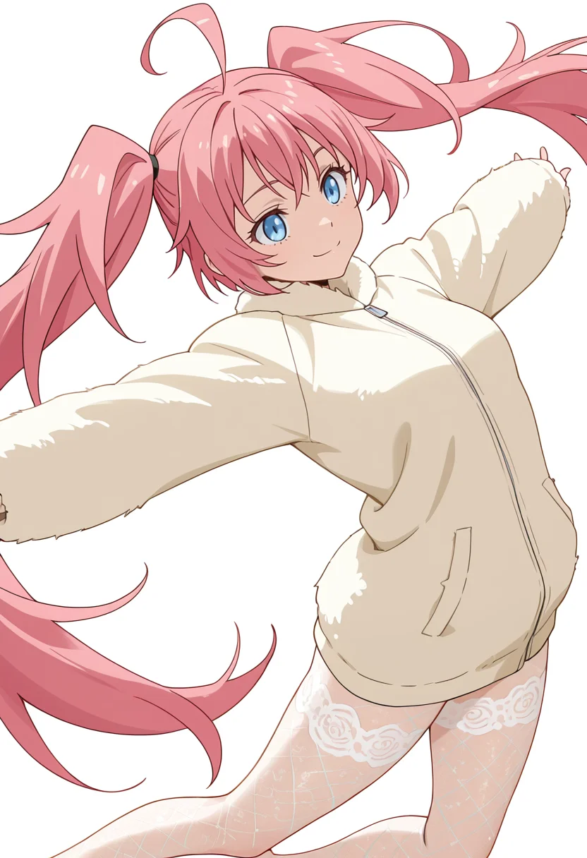 Smooth Quality,masterpiece,very intricate, high quality details, ultra realistic, high detailed skin,detailed enviorement,absurdres,
simple background, white background,solo,
jumping, arms open, legs bent, smiling, midair, ,dynamic angle,disappointed,frown,
baseball jacket, ,fur coat, ,lace leggings, ,
<lora:Nava_Milim_cnn:0.8> milim,1girl, pink hair, twintails,very long hair, small breasts,ahoge,blue eyes,