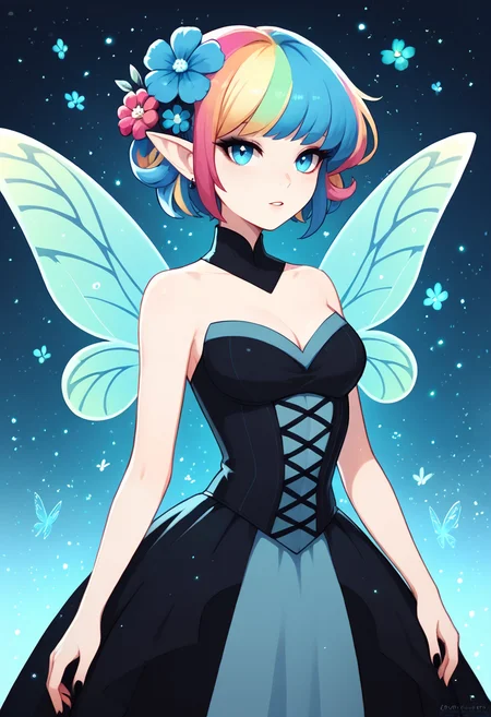 score_9, score_8_up, score_7_up, adult gothic fairy with colorful hair, (sexy pose: 1.3), fantastical cornflower blue themed background, ultra sharp, glowing particles <lora:PonyMinimalStyle:1> MinimalStyle