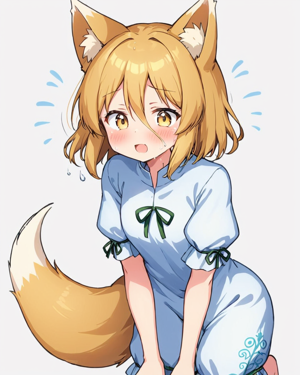 kudamaki tsukasa,1girl, fox_tail, romper, solo, open_mouth, blush, white_background, >_<, short_sleeves, simple_background, tears, green_ribbon, flying_sweatdrops, dress, fox_girl, crying, animal_ear_fluff, puffy_sleeves, flying_teardrops, cursor
<lora:kudamaki_tsukasa_image1939_2023-12-20-000014:1>,star-shaped_pupils,symbol-shaped_pupils,. gorgeous,key visual, vibrant, studio anime,award-winning, professional, highly detailed,high budget, cinemascope