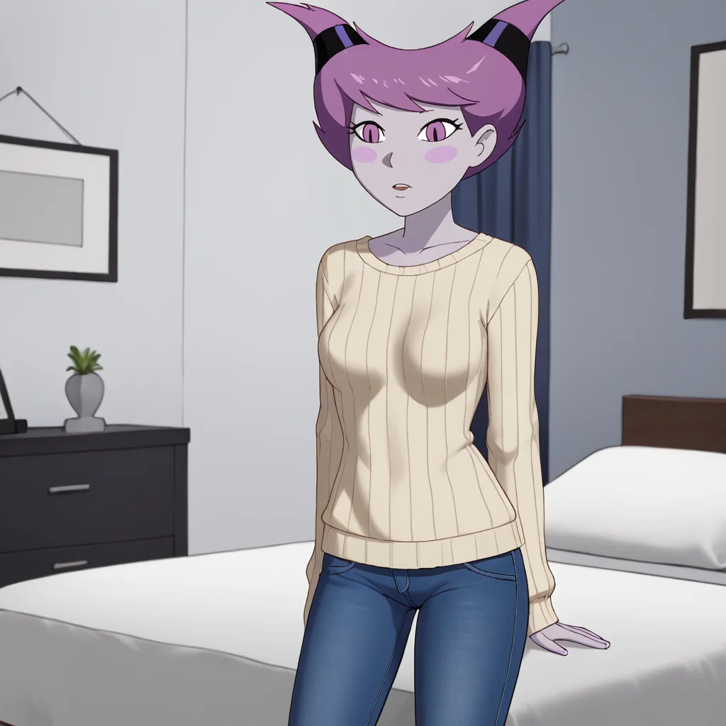 <lora:jinxteentitans_pony_v1:.9> Jinx, 1girl, purple eyes, purple hair,  horns, blush stickers, short hair, colored skin, medium  breasts,  bedroom, sweater, jeans