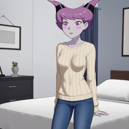 <lora:jinxteentitans_pony_v1:.9> Jinx, 1girl, purple eyes, purple hair,  horns, blush stickers, short hair, colored skin, medium  breasts,  bedroom, sweater, jeans