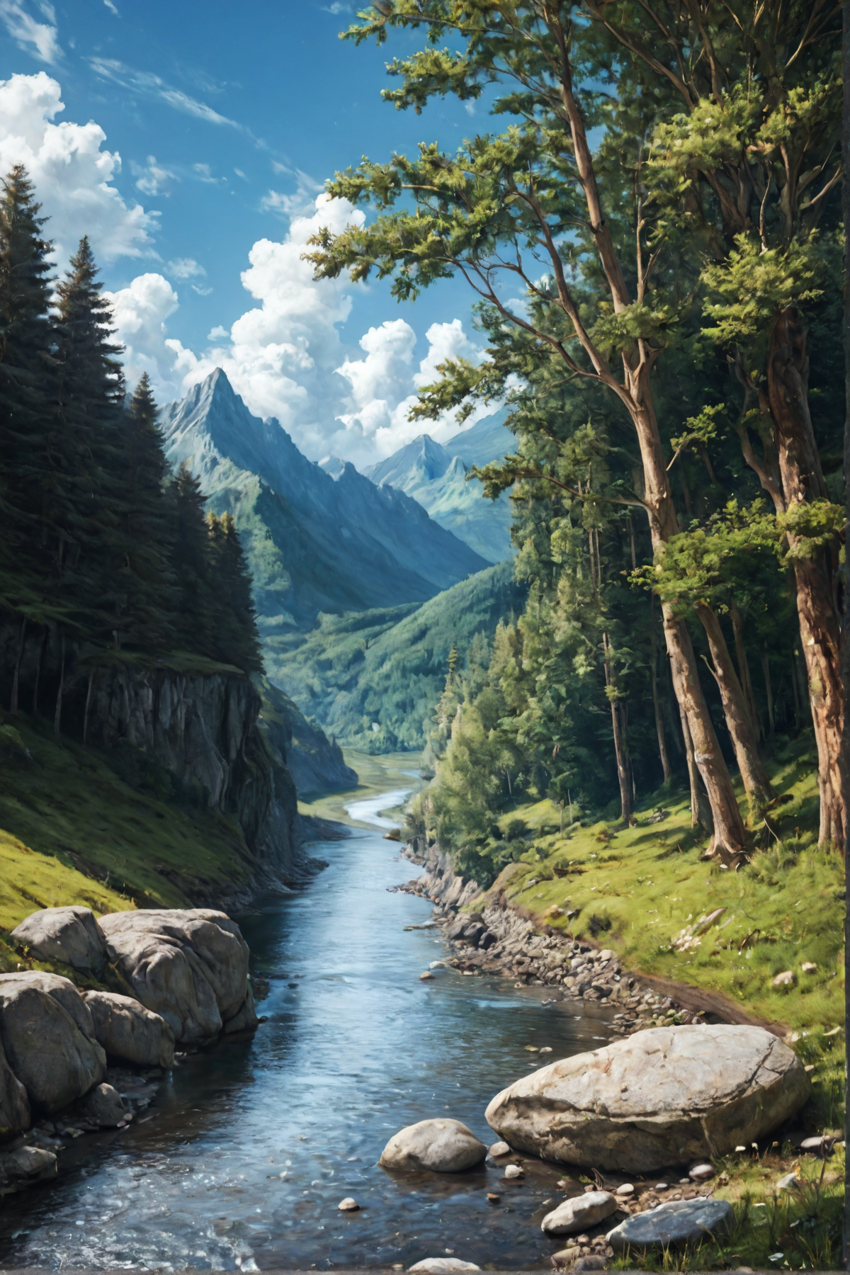 score_9, score_8_up, score_7_up, high detailed, best quality, (extremely detailed), realistic, hyperrealistic
Refreshing blue sky, nature, no humans, outdoors, river, scenery, tree, forest, day, rock, grass, water, sky, cloud, landscape, mountain, stream, path, blue sky, lake, road, contrailc
 <lora:add-detail-xl:1>