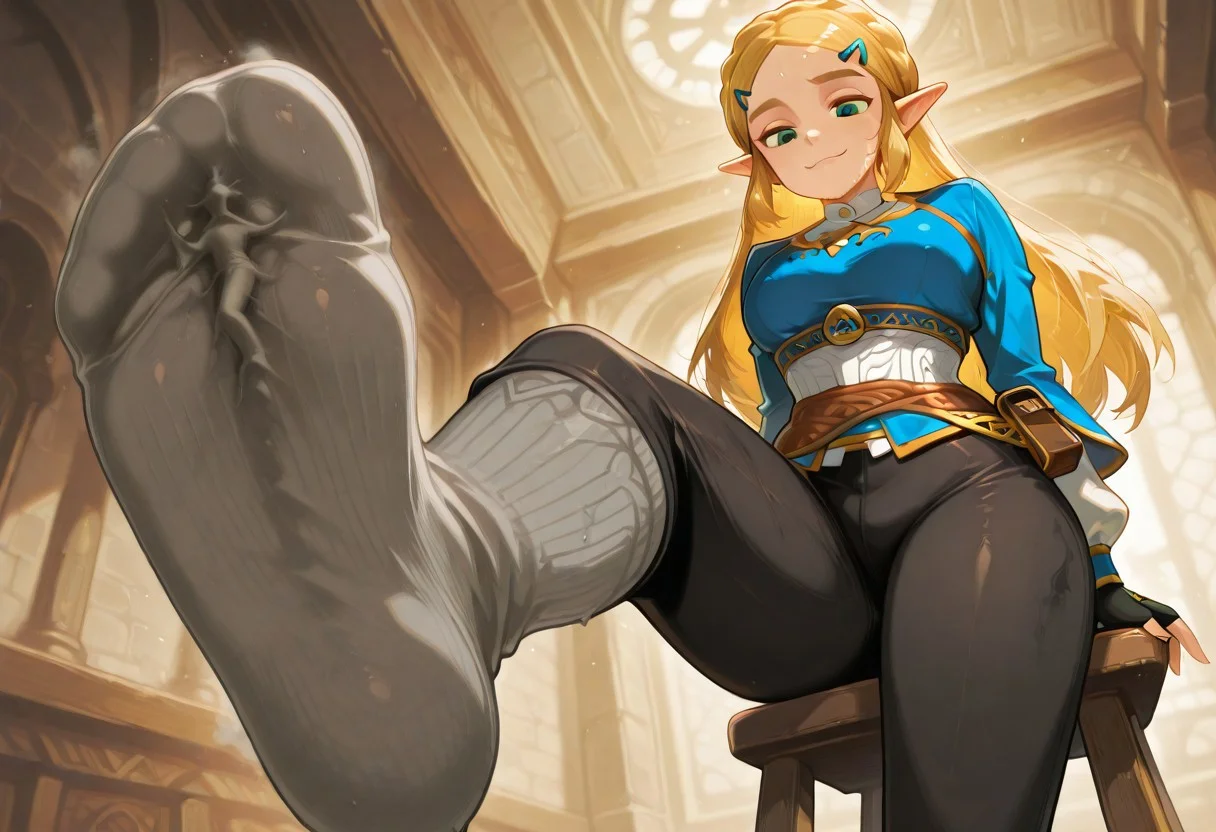 giantess, clothing entrapment, size difference, outline of person in clothing
sock entrapment, person outline in middle of sock, sock entrapment, sock entrapment, person outline in middle of foot, person inbetween sock and foot clothing entrapment, trapped inside,
outside, one foot forward, sitting on stool, foot focus, from below, sweaty, sweaty socks, smug expression,
ZeldaSDXL, 1girl, solo, long hair, breasts, looking at viewer, bangs, blonde hair, shirt, hair ornament, gloves, long sleeves, medium breasts, closed mouth, green eyes, braid, pointy ears, black gloves, hairclip, pants, fingerless gloves, parted bangs, black pants, blue shirt, pouch, crown braid, princess zelda, grey socks, 5 toes,,
masterpiece, best quality, ultra-detailed,