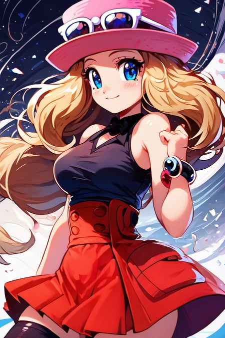 score_9, score_8_up, score_8, medium breasts, (curvy), cute, eyelashes, BREAK, , BREAK, zzSerena, solo, long hair, blue eyes, eyewear on headwear, pink headwear, eyelashes, sleeveless shirt, black shirt, bracelet, high-waist skirt, red skirt, black thighhighs,<lora:SerenaPokemon_PDXL_r1:0.8>, <lora:Konpeto_PDXL_v3:1.0>, , BREAK, smile, looking at viewer, cowboy shot, embedding:zPDXL, Expressiveh, <lora:SDXLFaeTastic2400:0.5>, <lora:Expressive_H-000001:0.4>,