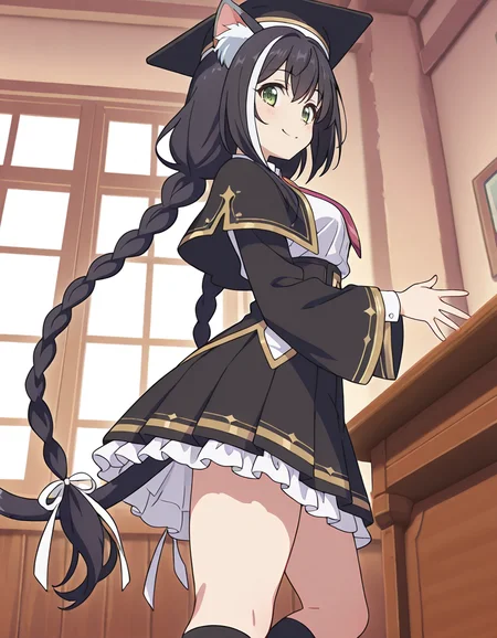 (karyl (transfer student),streaked hair,multicolored hair,black hair,white hair,very long hair,low twintails,white ribbon,bangs,twin braids,black headwear,green eyes,cat girl,animal ear fluff,cat ears,cat tail,necktie,black long wide sleeves,collared white shirt,black pleated skirt,black socks,1girl,smile),day,medieval school classroom,
(from side,from below:2) ,
looking at viewer,
medium breasts,
perky breasts,realistic proportions,natural looking breasts,explicit,hair between eyes,strong outlines,clean lineart,harsh lines,slim,curvy,(narrow waist:0.1), wide hips,thick thighs,detailed body,skindentation,matte skin,smooth skin,deep skin,soft brightness,detailed mouth,kawaii,moe face,
(anime screencap),(anime coloring:1.2),anime style, Japanese anime, cel-shading, clean lineart, vibrant colors, sharp facial features, 2D illustration, anime screencap style,anime background scenery,detailed linework,intricate details,(masterpiece,best quality,amazing quality),IllusP0s,(very aesthetic,absurdres:1.2),16k,highres,perfect hands,five fingers,detailed hands,
<lora:ããªã³ã»ã¹ã³ãã¯ãReDiveãã£ã«illustriousPrincess_Connect_ReDivekarylillustrious:1:0.8>