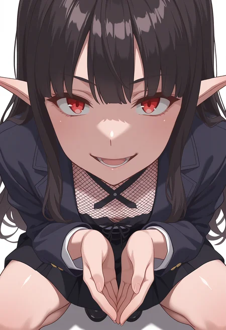 Smooth Quality,masterpiece,very intricate, high quality details, ultra realistic, high detailed skin,detailed enviorement,absurdres,
simple background, white background,
from above,crazy smile,crouching, hands together, foot forward, intense, ready, ,
suspender skirt, ,blazer, ,mesh shirt, , <lora:Reese_evecnn:0.8>evecnn,1girl, long hair, black hair, red eyes, pointy ears, bangs,
