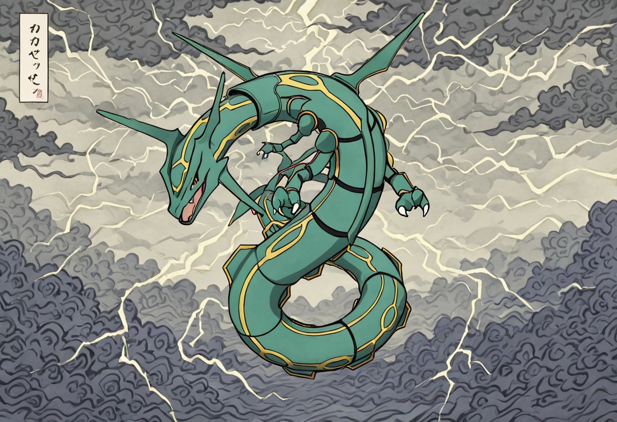 pokemon (creature), rayquaza, style, thick lines, outline, no humans, serpent-like dragon, emerald scales, glowing patterns, storm clouds, high altitude, lightning, coiled pose, intense gaze, atmosphere distortion, solo, sky, wind swirling