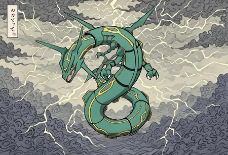 pokemon (creature), rayquaza, style, thick lines, outline, no humans, serpent-like dragon, emerald scales, glowing patterns, storm clouds, high altitude, lightning, coiled pose, intense gaze, atmosphere distortion, solo, sky, wind swirling