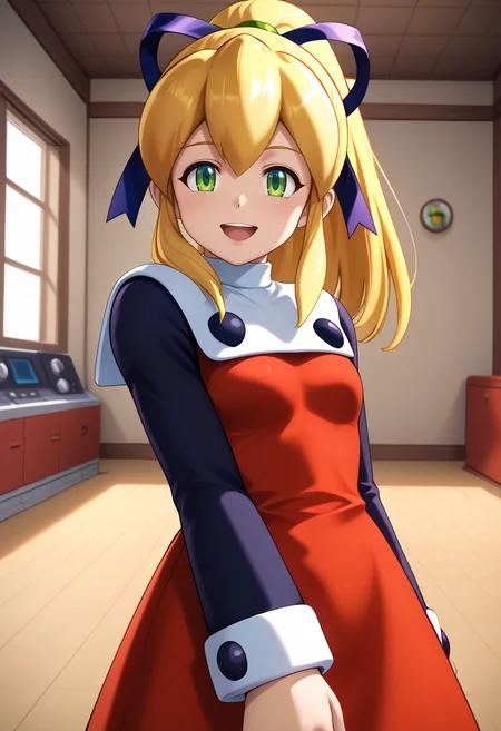 newest, masterpiece, best quality, 4k,
indoors, very aesthetic, detailed background, face focus
1girl, solo, <lora:RollPony:1> r0ll, roll (mega man), long hair, blonde hair, hair ribbon, ponytail, green eyes, sidelocks, red dress, smile, open mouth,