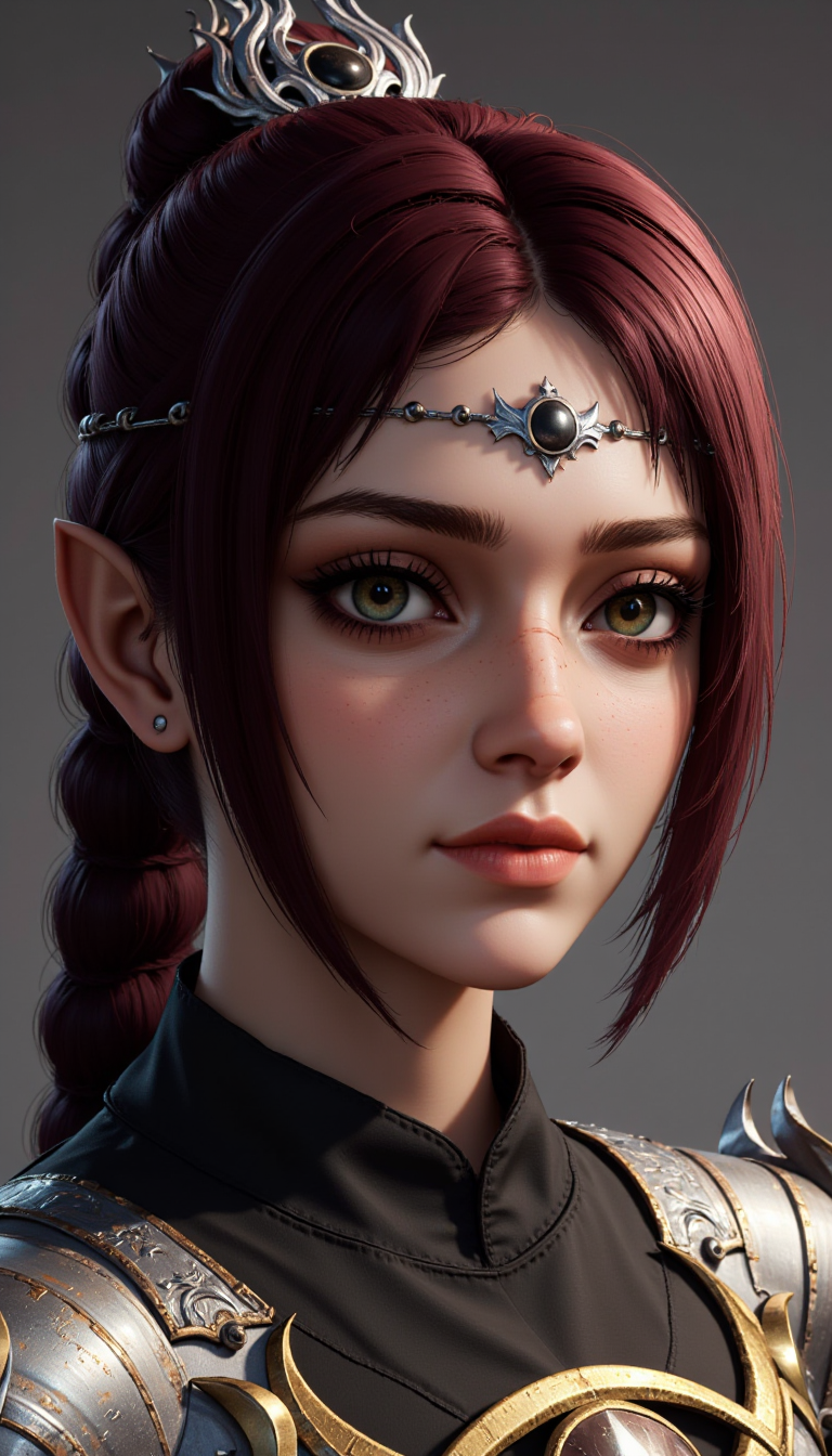A female character rendered in a Silk Screen Printing art style. A wide shot view of this highly detailed young woman with fantasy aesthetic. Meticulous attention to textures and lighting. subject has fair, smooth complexion hint freckles, pointy ears, large, expressive jade eyes. Her burgundy hair styled high ponytail thick braid, adorned silver crown-like headpiece that features intricate, ornate designs. crown focal point, adding regal otherworldly touch her appearance.
The woman is doing a Investing activity in a cyberspace location.
She wears dark, high-necked garment metallic, shoulder armor slightly worn, weathered look, suggesting character history adventure or battle. intricately sharp, angular edges rivets, giving it rugged yet elegant appearance. enhancing three-dimensional effect. blend realism, capturing both delicate beauty warrior spirit subject.
