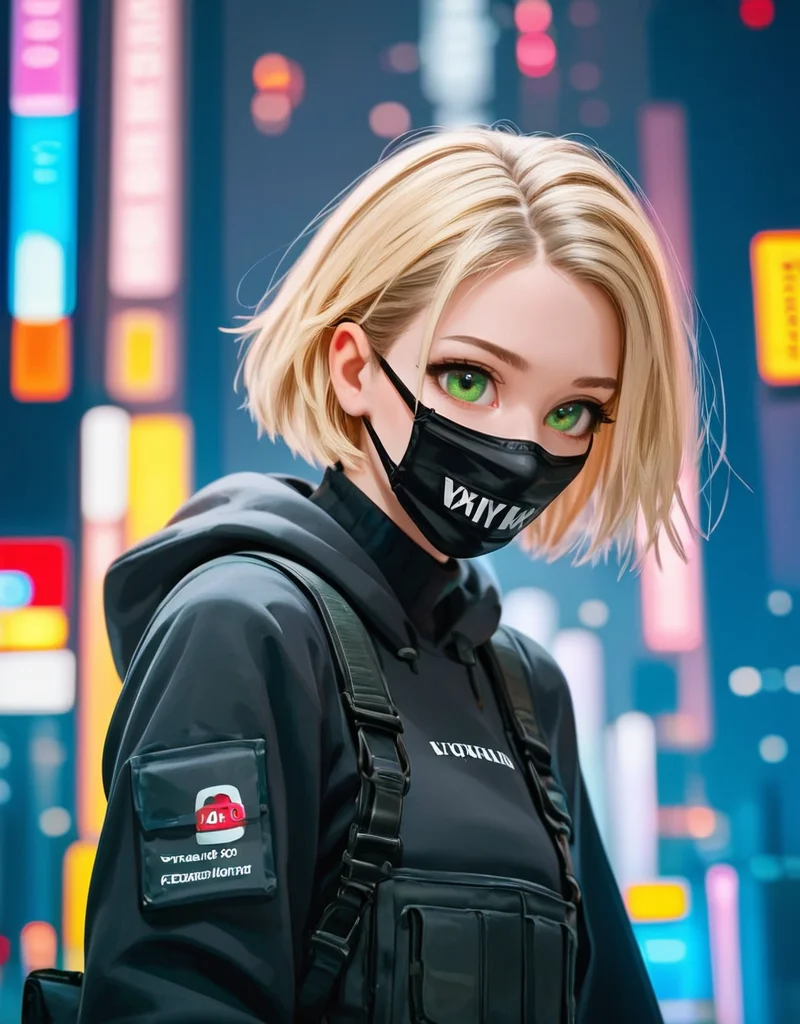 zPDXL2, <lora:TechwearV2:1>, t3chwear,
1girl, cute face, detailed eyes, short blonde hair, green eyes, black face mask, closeup, city in the background