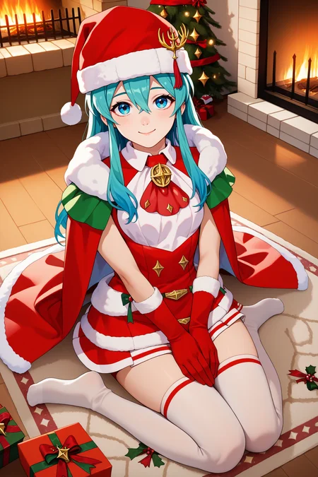 score_9, score_8_up, score_7_up, score_6_up, source_anime, 1girl, solo <lora:wintereirika-pdxl-nvwls-v1-000005:1> wntEir, cyan hair, long hair, hair between eyes, santa hat, santa costume, santa dress, red ascot, fur trim, red gloves, red cape, sleeveless, white thighhighs, sitting, fireplace, on ground, carpet, indoors, looking at you, holding gift box, smile