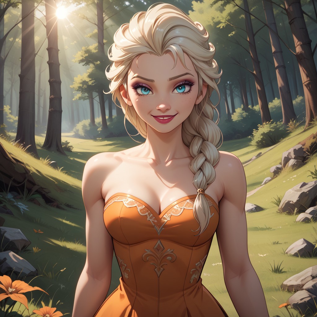 score_9, score_8, BREAK, solo, Elsa, slender figure, platinum blonde hair, braided ponytail, bluey eyes, eyeshadow, lipstick, dress, sexy pose, self portrait, smile, outdoors, sunlight, shadows, evening lighting, natural lighting, forest, trees, grass, orange sky, sunset