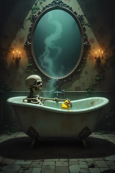 In the dim glow of flickering candlelight, a skeleton reclines in an old-fashioned clawfoot bathtub filled with deep, murky water, its bony fingers delicately holding a bright yellow rubber duck. The cracked porcelain of the tub is stained with age, its once-pristine white now mottled with creeping veins of rust and grime. Wisps of mist curl up from the waterâs surface, giving the scene an eerie, dreamlike quality, as if the skeleton itself is caught between the realms of the living and the dead. Surrounding the tub, the crumbling walls of an abandoned Victorian bathroom loom, covered in peeling floral wallpaper and ivy that has begun to reclaim the space. A grand, dust-covered mirror hangs above the tub, its reflective surface fogged over, distorting the flickering candle flames into ghostly shapes. The skeleton's empty eye sockets seem almost amused, its bony grin permanently frozen in a moment of morbid joy as it bobs the duck up and down. Shadows dance along the cracked tile floor, moving in rhythm with the candlelight, giving the illusion that unseen figures are watching from the corners of the room. Despite the decay and the eerie silence, there is an undeniable innocence in the scene, as if even in death, simple joys remain.<lora:aesthetical-000003:0.15><lora:aidmaNSFWunlock-FLUX-PonyStyle-v0.1:0.15><lora:Flux-jijia:0.1><lora:GLSHS:0.6>
