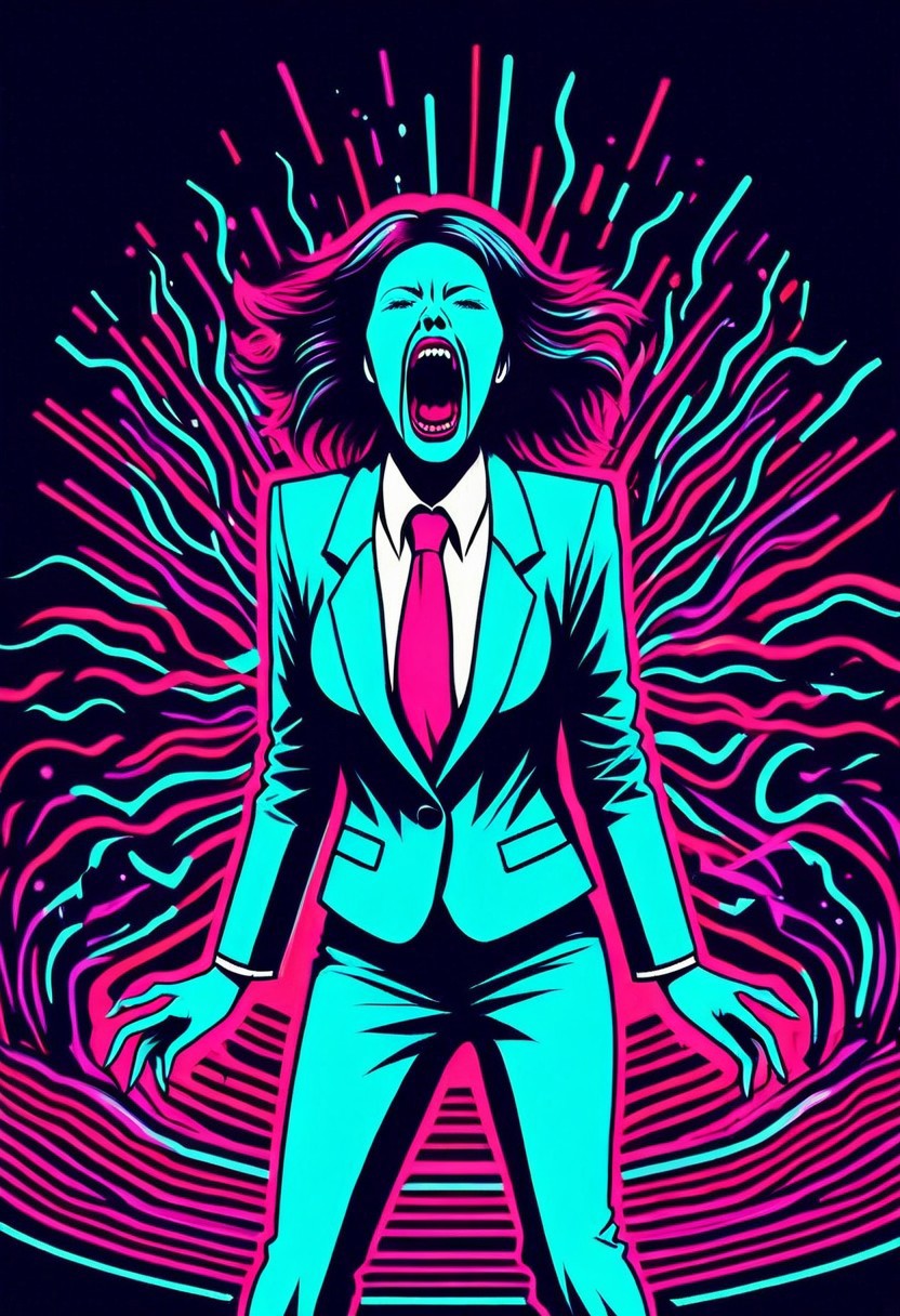 4D cosmic horror vector graphic of Screaming Woman in a suit, high quality, high resolution, neon nightmares, very detailed, bold lines, high contrast, demarie claire