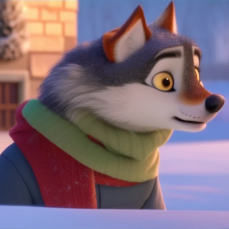 deressed wolf with a scarf standing in snow, Zootopiav4