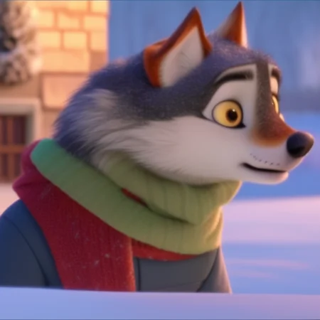 deressed wolf with a scarf standing in snow, Zootopiav4