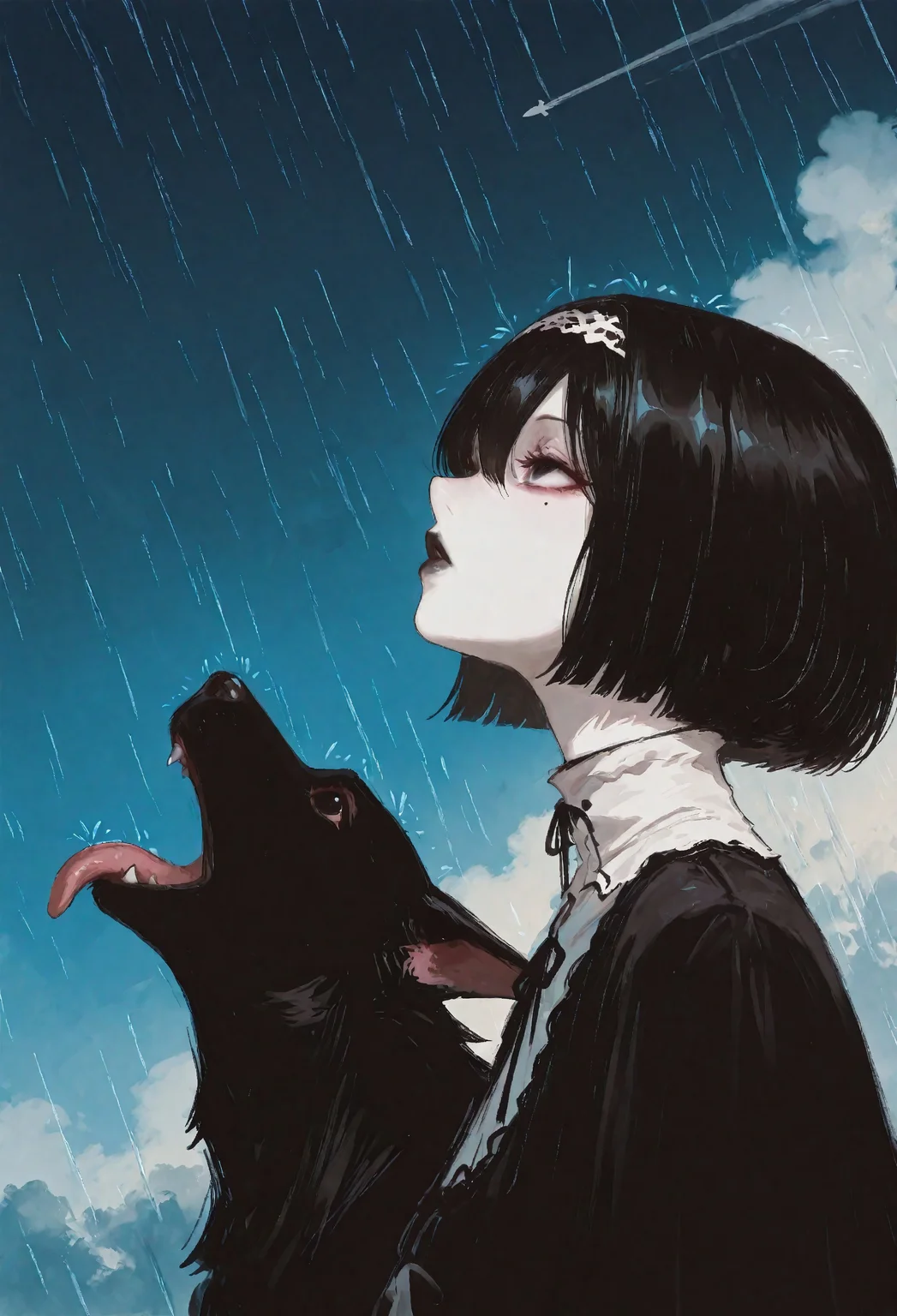 masterpiece, newest,absurdres,incredibly absurdres, best quality, amazing quality, very aesthetic, (negative space:1.2), 1girl, solo, black hair, bob cut, hair band, hair between eyes, black eyes, detailed eyes, makeup, eyelashes, maskara, black lips, mole under eye, expressionless,(pale skin:0.7), goth fashion,  animal, dog, Great Dane, dark fur, goku_and_vegeta_in_the_rain_(meme), tongue out, rain, open mouth,looking up, perspective, soft light, warm light, painting \(medium\), portrait, from side, profile,limited palette, flat colors, dark theme, blue sky background, airplane, contrail, blending, anime style, fuyumur4s4ki_illu,traditional media, painterly, scenery