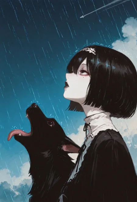 masterpiece, newest,absurdres,incredibly absurdres, best quality, amazing quality, very aesthetic, (negative space:1.2), 1girl, solo, black hair, bob cut, hair band, hair between eyes, black eyes, detailed eyes, makeup, eyelashes, maskara, black lips, mole under eye, expressionless,(pale skin:0.7), goth fashion,  animal, dog, Great Dane, dark fur, goku_and_vegeta_in_the_rain_(meme), tongue out, rain, open mouth,looking up, perspective, soft light, warm light, painting \(medium\), portrait, from side, profile,limited palette, flat colors, dark theme, blue sky background, airplane, contrail, blending, anime style, fuyumur4s4ki_illu,traditional media, painterly, scenery