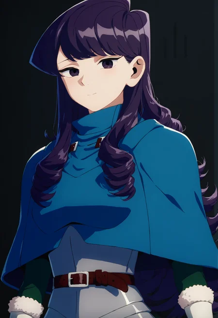 source_anime, score_9, score_8_up, score_7_up, rating_excplicit, 1girl, komi shouko, ,<lora:DMAnimeStyle:1> breastplate, belt, very long hair ,capelet, fur trim, gloves, smile, looking at viewer, curly hair, belt, armor,