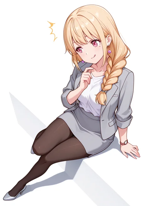 masterpiece,high quality details, absurdres,
 <lora:Yuriko:0.8>
yuriko_cnr, 1girl, blonde hair, long hair, single braid, pink eyes, mole, mole under eye,earrings,
collarbone,office lady, grey jacket, white shirt,pencil skirt, black pantyhose, high heels, wristwatch,, simple background, white background, dutch angle,solo,, surprised,thinking,, ;q,, sitting sideways,slight head tilt,one foot propped on surface,
