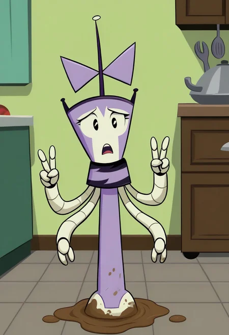 XJ-4_(MLAATR), 1girl, solo focus, female focus, robot, (four arms), purple bow, black and purple skirt, black eyes, indoors, two fingers, full body, standing, double v, kitchen, antenna, looking at viewer, open mouth, surprised, hands on own face, frown, dirty floor, mud on floor, trash on floor,