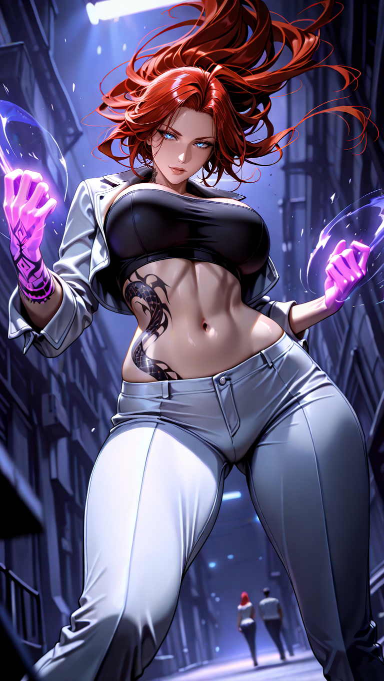 best, quality, masterpiece, amazing quality, very aesthetic, high resolution, ultra-detailed, depth of field, volumetric lighting, highly detailed, 8k, newest, BREAK, absurdres,solo,masterpiece ,best quality,1girl,looking_at_viewer,,long-hair,forehead,red_hair, tube_top,cropped_jacket,pajamas,dark_contrast,dark scheme,Dramatic Power Stance,The character standing with legs wide apart, fists clenched and glowing with power, their chest puffed out and an intense expression of confidence on their face,midriff_tattoo,snake_design midriff,_ tattoo,midriff,navel,(wide midriff:1.0), thick,viewed_from_below,bodybuilder,beefy,(muscular_body:1.0),wide hips,(wide_waist:1.0) midriff focus,ultra-detailed ,finely detailed ,high resolution ,perfect dynamic composition ,detailed eyes ,cinematic lighting ,detailed background ,depth of fields ,perfect proportion ,harmonious composition, high quality,4k,baddie