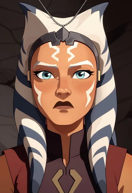 Score_9, Score_8, Score_7, TDPStyle, ahsoka tano, Bust Shot, Looking at Viewer, Bored, Cave Background