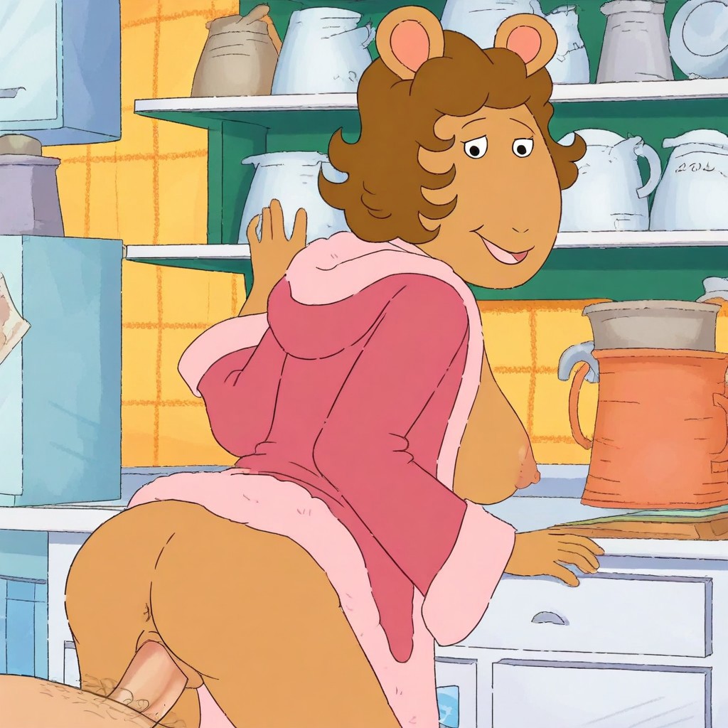 Jane Read, 1girl, solo, animal ears, shaggy curly brown hairstyle, pink robe, open robe, revealing breasts, perky nipples, pussy, very hairy pussy, view from behind, looking back at viewer, 1boy, sex, cock, grabbing by the hips, ((doggy style sex)), balls deep, deep penetration, pov, perfect anatomy, kitchen, bent over bench