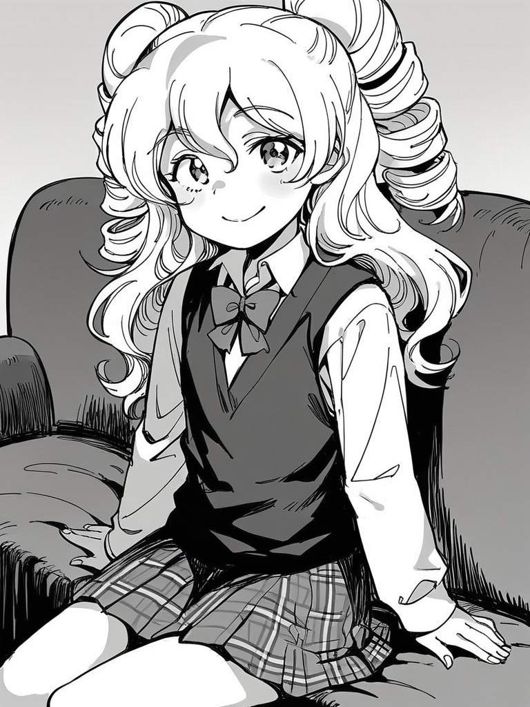 score_9, score_8_up, score_7_up,  
1girl, monochrome, houjou reona, white hair, long hair, wavy hair, two side up, twin drills, flat chest, 

school uniform, plaid skirt, black sweater vest, bowtie, white shirt, long sleeves, 
smile, closed mouth, looking at viewer, narrowed eyes, solo, sitting, couch, 


