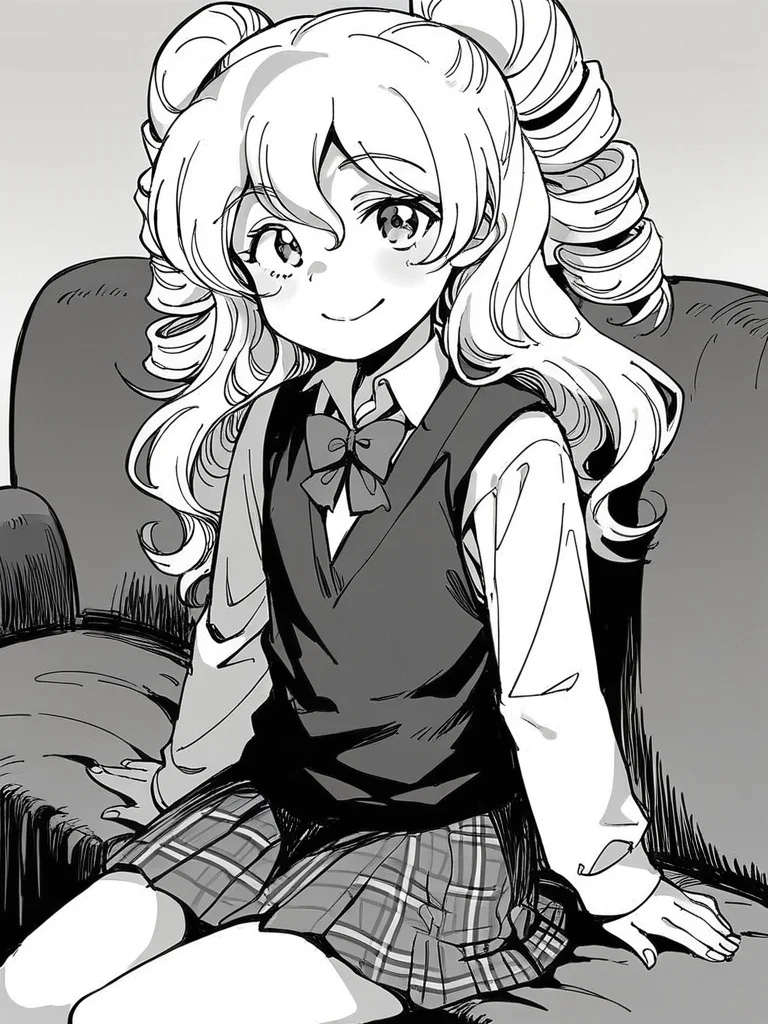 score_9, score_8_up, score_7_up,
1girl, monochrome, houjou reona, white hair, long hair, wavy hair, two side up, twin drills, flat chest,
school uniform, plaid skirt, black sweater vest, bowtie, white shirt, long sleeves,
smile, closed mouth, looking at viewer, narrowed eyes, solo, sitting, couch,