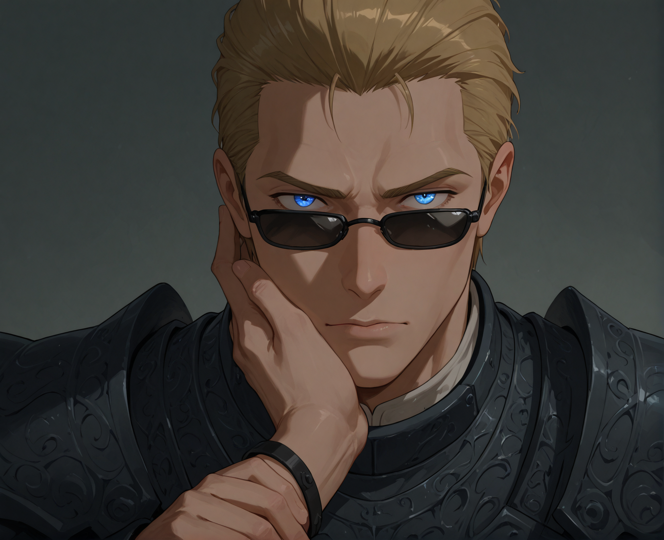 PonyScores7, source_anime, ah, 1IllustriousQual, interesting, exciting, spectacular, wonderful,
BREAK (pre-Raphaelite fashion style, inspired by 19th-century art, features flowing fabrics, intricate details, and romantic silhouettes, embodying a dreamy and ethereal aesthetic),
BREAK <lora:albertwesker-guy-PONYv1:0.8>, albertwesker, 1boy, toned, athletic, fit, mature male,  angular face, sharp_featured face, handsome, charming, alluring, <lora:shinyskin2:0.2>, glistening skin, AS-MidAged,
BREAK slicked back hair, short hair, blonde, <lora:hairdetailpxl:0.2>, hairdetailpxl, 
BREAK blue eyes, <lora:expressive eyes:0.2>, expressive eyes, <lora:eyedetailpxl:0.2>, eyedetailpxl, <lora:Eyes_High_Definition:0.2>, EyesHD,
BREAK (His hands weave complex patterns leaving trails of golden light),
BREAK (The entity's hand was cold and clammy, and as it pressed against the man's chest, the human felt a sharp pain, as if his heart were being pierced by a thousand tiny needles, The pain was followed by a sense of weakness, as if his strength were being drained away),
BREAK focused, intense glare, apathetic, contemptuous, <lora:Expressive_H:0.2>, Expressiveh, looking at viewer, <lora:Emotional_Anime_Expressions_PonyXL_Concept:0.2>, emotional, <lora:Best_Facial_Expression_LoRA_PONY:0.2>, <lora:Detailed expressive EXEV style -XL Pony V1.0:0.2>, FaceDetail,
BREAK (gondola and cambridge blue segmented armor, wrist-mounted retractable blades), (sunglasses:1.3), 
BREAK <lora:xl_more_art-full_v1:0.2>, <lora:aesthetic_anime_v1s:0.2>, <lora:EpicF4nta5yXL:0.2>, <lora:detailxl:0.2>, detailxl, <lora:Fant5yP0ny:0.2>, best quality, amazing quality, best aesthetic, absurdres, illustration, Volumetric_Lighting, ultra-detailed, very aesthetic, intricate details, 8k, masterpiece, best_quality,
BREAK Stable_Yogis_PDXL_Positives, AS-Adult, <lora:Complicated fantasy portrait - XL Pony V2.0:0.2>, bad-hands-5, <lora:HDA_Detailer:0.3>,