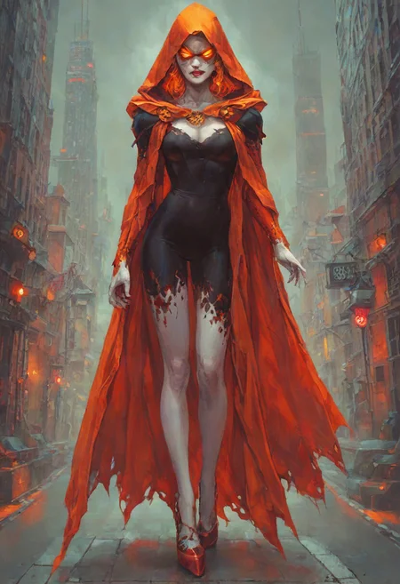 score_9, score_8_up, Hallows Eve, glowing eyes, hood, yellow eyes, parted lips, hood up, white skin, orange eyes, mask, heels, looking at viewer, (seductive smirk), new york city scene background, full body view, 1girl, maximum details, intricate
