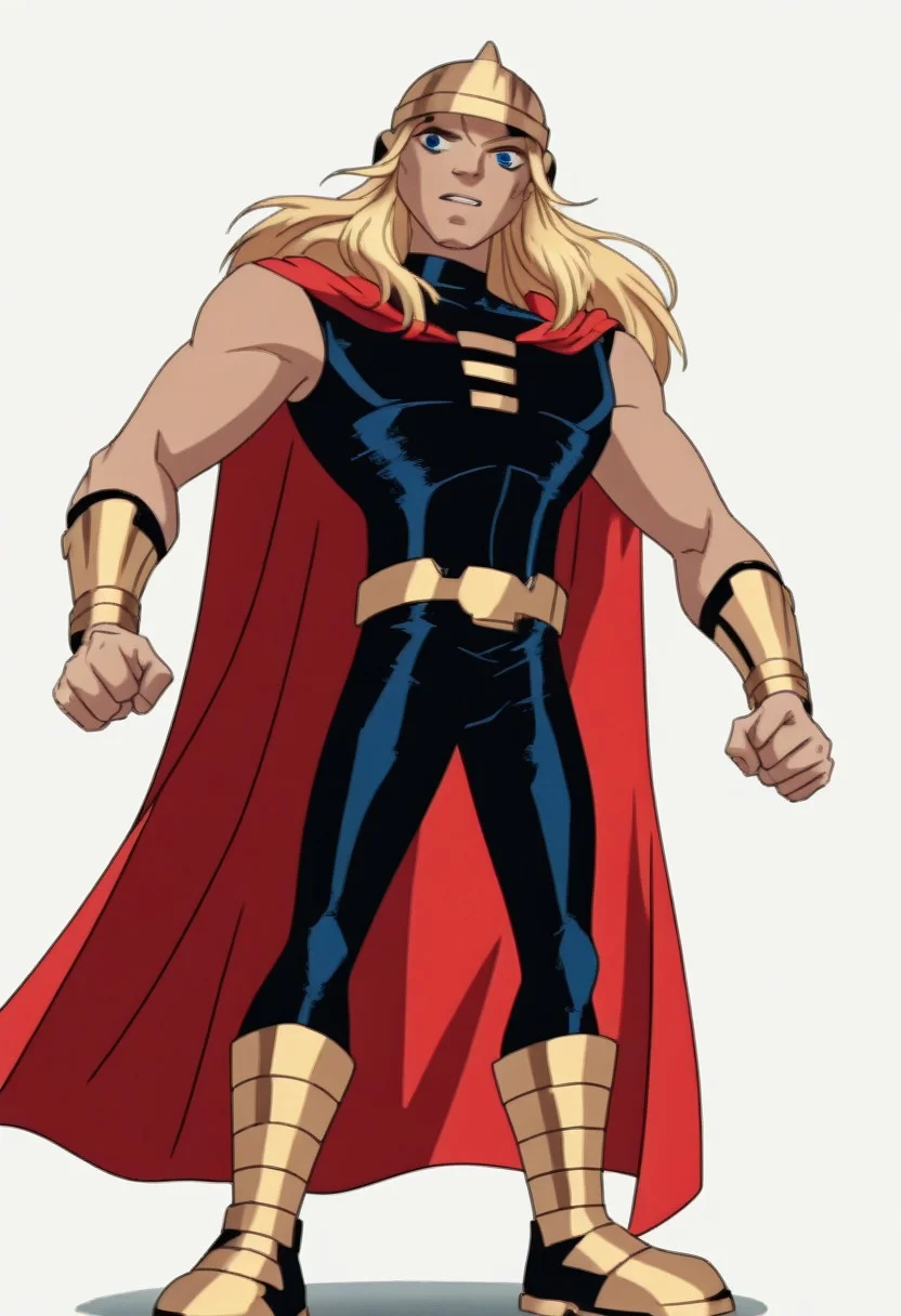 score_9, score_8_up, score_7_up, 2zdxxps, animated screencap, th1or03, blonde hair, long hair, blue eyes, metal helmet, white wings, black bodysuit, sleeveless, metal circles on chest, red cape, red bracelets, golden belt, golden boots, dynamic pose, action pose, ((anime, animated))), simple background, solid white background, full body shot,
