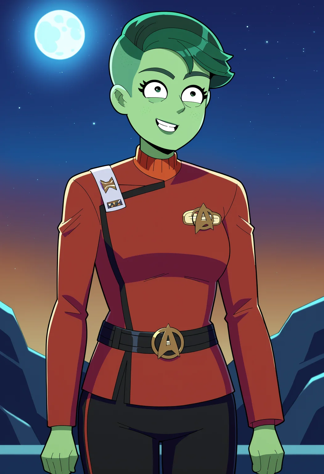 score_9, score_8_up, score_7_up, Tendi, 1girl, solo, green skin, short hair,green hair, smiling, <lora:Tendi_-_Star_Trek_Lower_Decks:1.0>
on the moon surface,moon scenery, rocks,
(twokunf,star trek red uniform intendation,long sleeves,white shoulder strap,black pants,black belt)<lora:TWOKpony>