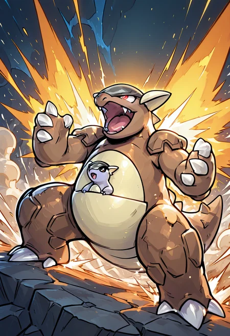 masterpiece, best quality, no humans,    zzKhan, kangaskhan, 1pokemon, battle stance, open mouth, roaring, cracked earth, glowing eyes, energy aura, rocky terrain, dust clouds â A roar splits the air as zzKhan slams the ground, dust rising in great clouds around her feet. The earth beneath cracks with force, echoing the power rippling through her massive frame. Her eyes glow with primal intensity as wind whips across the battlefield, painting a scene of unyielding resolve and raw might.      ,<lora:KangaskhanPokemon_IXL_v2:1.0>,
