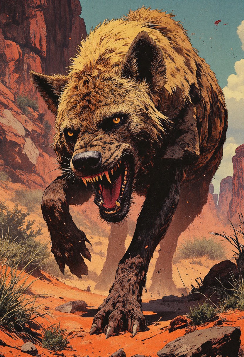 8K, masterpiece, ultra high-definition macro photography, ultra-detailed, Nikon D850, 105mm f/2.8 macro lens, soft diffused natural light, digital painting with photographic realism, hyperrealistic depiction of a wild hyena in an aggressive stance, mouth wide open exposing jagged yellow teeth and a slick pink tongue, eyes narrowed with intense predatory focus, richly detailed fur in layered shades of brown, beige, and black—short and long strands adding tactile depth, raised hackles emphasizing tension, large rounded ears with dark inner texture and tufts of fur, sharp claws extended in dynamic motion, positioned in a rugged savannah scene with cracked ochre earth, scattered tufts of dry grass, thorny acacia shrubs and sparse desert vegetation, warm ambient light casting soft shadows, dust particles subtly suspended in air, harmonious blend of realism and painterly composition, mood is wild, raw, and powerfully visceral.