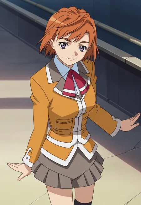score_9, score_8_up, score_7_up, source_anime,
BREAK
1girl, solo, anime screencap, anime coloring,
<lora:shiMaiTokihaV1:1>, shimaitokidef, orange hair, purple eyes, short hair,
orange jacket, school uniform, long sleeves, pleated skirt, black socks,
looking at viewer, smile,