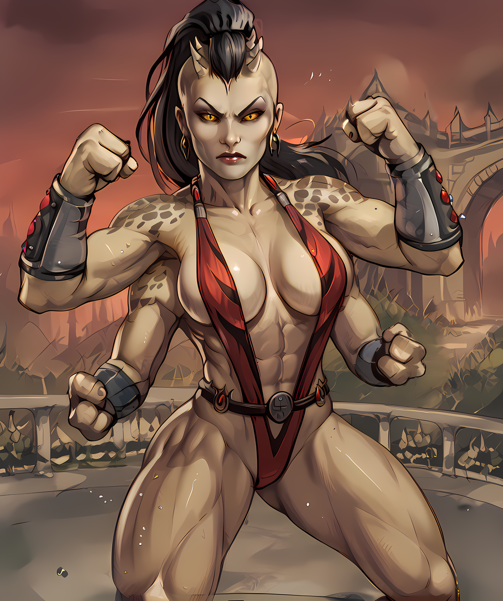 score_9, score_8_up, score_7_up, score_6_up, score_5_up, score_4_up, 
shvamkxl, 4 arms, yellow eyes, black hair, mowhawk, ponytail, makeup, small horns, tattoo, 
looking at viewer, muscular, large breasts, hips, fighting stance, clenched hands, 
slingshot swimsuit, earrings, dynamic angle, vambraces, 
red sky, bridge, 
solo, indoors, 
<lora:Sheevamk9xl:1>,