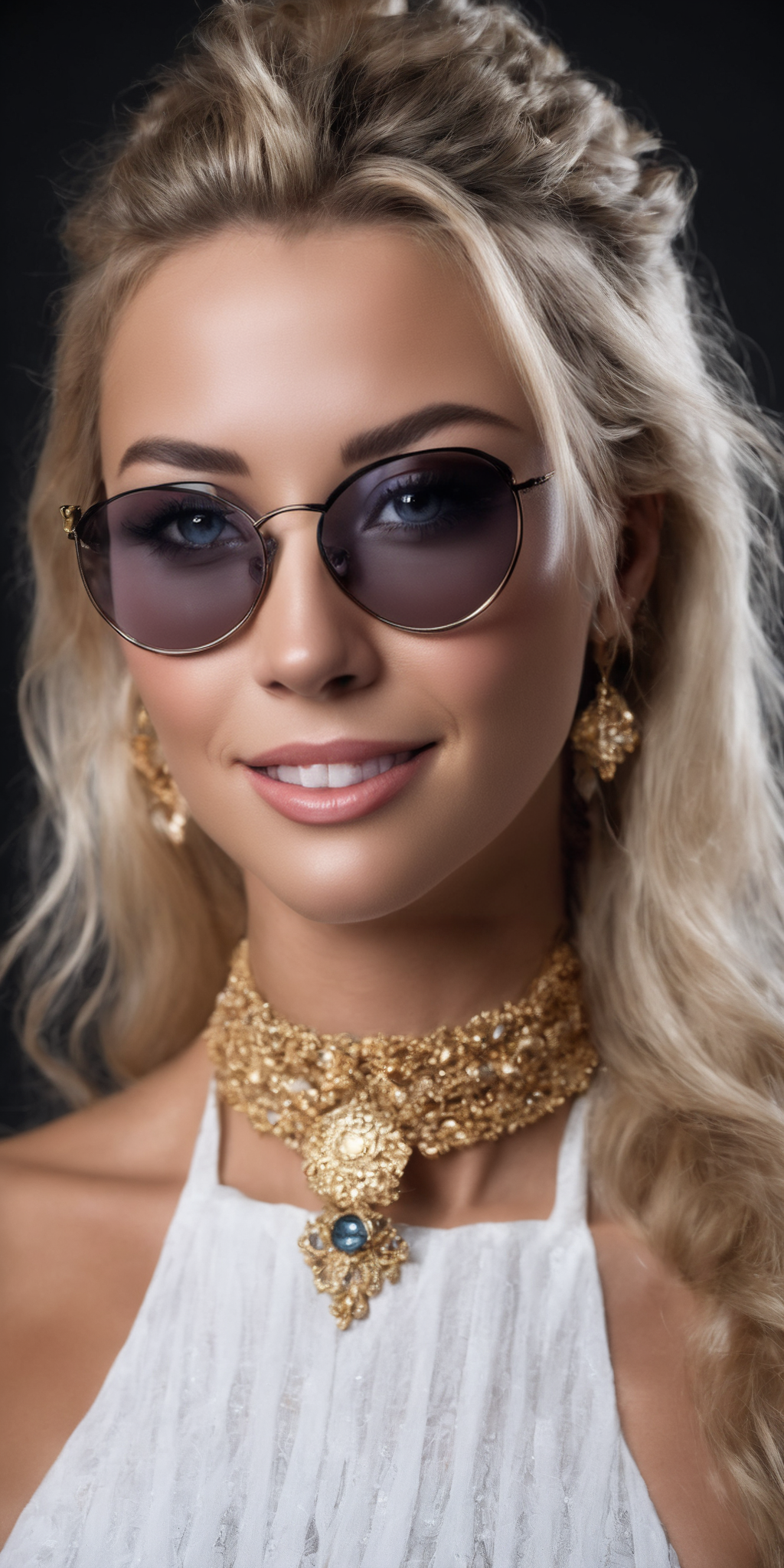 Masterpiece, absurdres,award winning photo, extremely detailed, amazing, fine detail, ((extremely detailed eyes and face)), by lee jeffries nikon d850 film stock photograph 4 kodak portra 400 camera f1.6 lens rich colors hyper realistic lifelike texture dramatic lighting unrealengine trending on artstation cinestill 800 tungsten, beautiful smiling woman,Haute_Couture, blonde Nadia with sunglasses and a choker ,in a turtleneck_style black dress posing for a picture,golden embroidery,jewelry ,wearing Haute_Couture
 <lora:NadiaXL:0.5> <lora:Haute_CoutureXL:0.77>