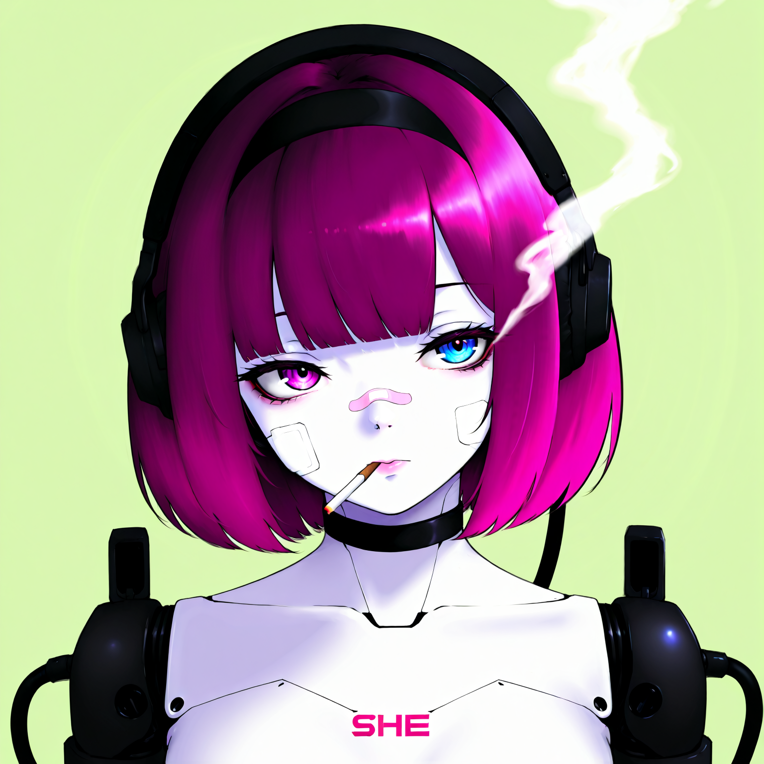 masterpiece, best quality, amazing quality, very aesthetic, absurdres,  newest, scenery,, 1girl, 
cables attached to body, solo, short hair, simple background, white background, purple eyes, purple hair, blunt bangs, from side, profile, bob cut, portrait, bandaid, smoke, cigarette, bandaid on face, smoking, android, cable, bandaid on nose, mechanical parts, straight-on, white skin, looking to the side, colored skin, robot joints, mechanical eye, hairband, purple pupils, artificial eye, pink lips, half-closed eyes, straight hair, mechanical arms, multicolored eyes, closed mouth, collarbone, green background, heterochromia, head tilt, black hairband, english text, expressionless, lens eye, looking at viewer, artificial eyes, blue eyes, joints, bandaid on cheek, character name, mechanical hand, headphone,
straight-on, full body, fig_sign, stifled_laugh, Aerial view Close shot (focus on feet:1.1), and a cigarette in the mouth. The character is shown from the side view with her head turned to the side. On her legs are metal robotic arms with mechanical fingers. Her face is covered with gauze and she has a black choker around her neck. The background is white., vise-ss4, masterpiece, best quality, amazing quality, very aesthetic, absurdres,  newest, volumetric lighting, scenery, <lora:last-000004:1.0>