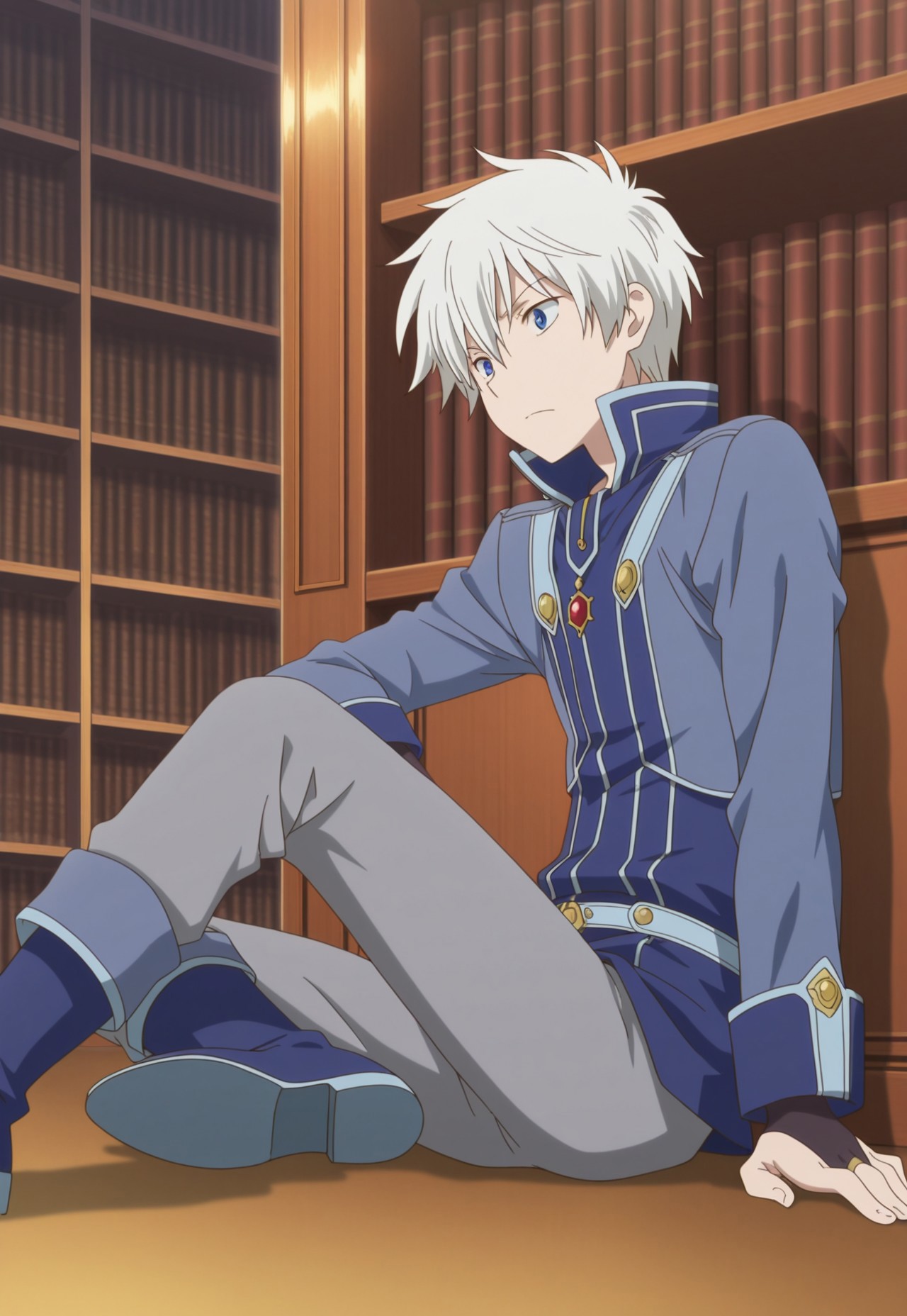 masterpiece,best quality,amazing quality, source_anime, 

ZenWistaria, 1boy, male focus, solo, blue eyes, white hair, jacket, blue jacket, high collar, long sleeves, single bridal gauntlets, pants, grey pants, boots, blue footwear, sitting, on floor, library,