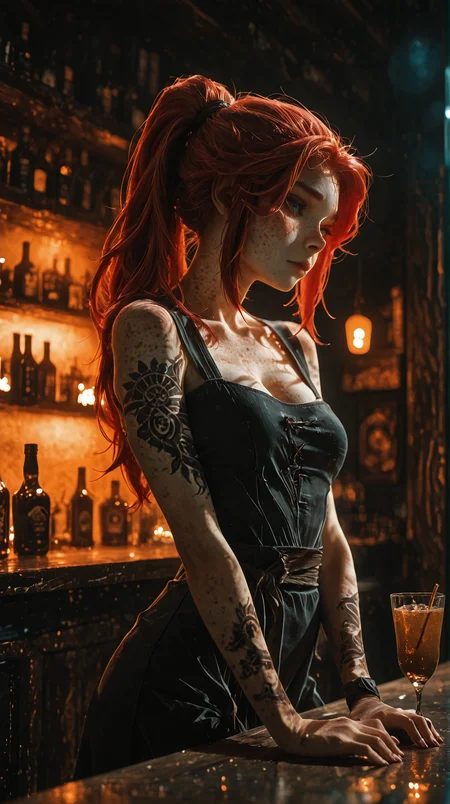 masterpiece, best quality, ultra-HD, photorealistic, cinematic lighting, volumetric lighting, highres, absurdres, warm summer atmosphere, golden moonlight, soft shadows, masterpiece, best quality, Good quality, very aesthetic, absurdres,
1girl, (freckles, red hair, blue eyes, nostra666, maelle, clair obscur expedition 33, redhead, body freckles, pale skin, high ponytail, sidelocks, petite, slim, athletic, medium breasts, long hair, ponytail:1.2), wears open black dress, presumed dress, breasts visible, cleavage visible, tattoo on wrist, leaning at bar counter, sipping a cocktail, blushing, from the side BREAK modern nightclub bar, dark wooden counter, dim amber light, bottles glowing,
hot atmosphere,dramatic,(seductive expression)
(cinematic composition:1.3), (sharp focus:1.2), (depth of field:1.2), (skin sheen:1.1), (rim light:1.2),(detailed face and eyes),
<lora:DetailedEyes_V3:1> <lora:USNR STYLE_XL_loha:0.45> <lora:aidmaMJ6.1_v0.5_IL:0.9> <lora:GENESIS_MK0.4:0.5> <lora:Maelle_Clair_Obscur_Expedition_33:1>