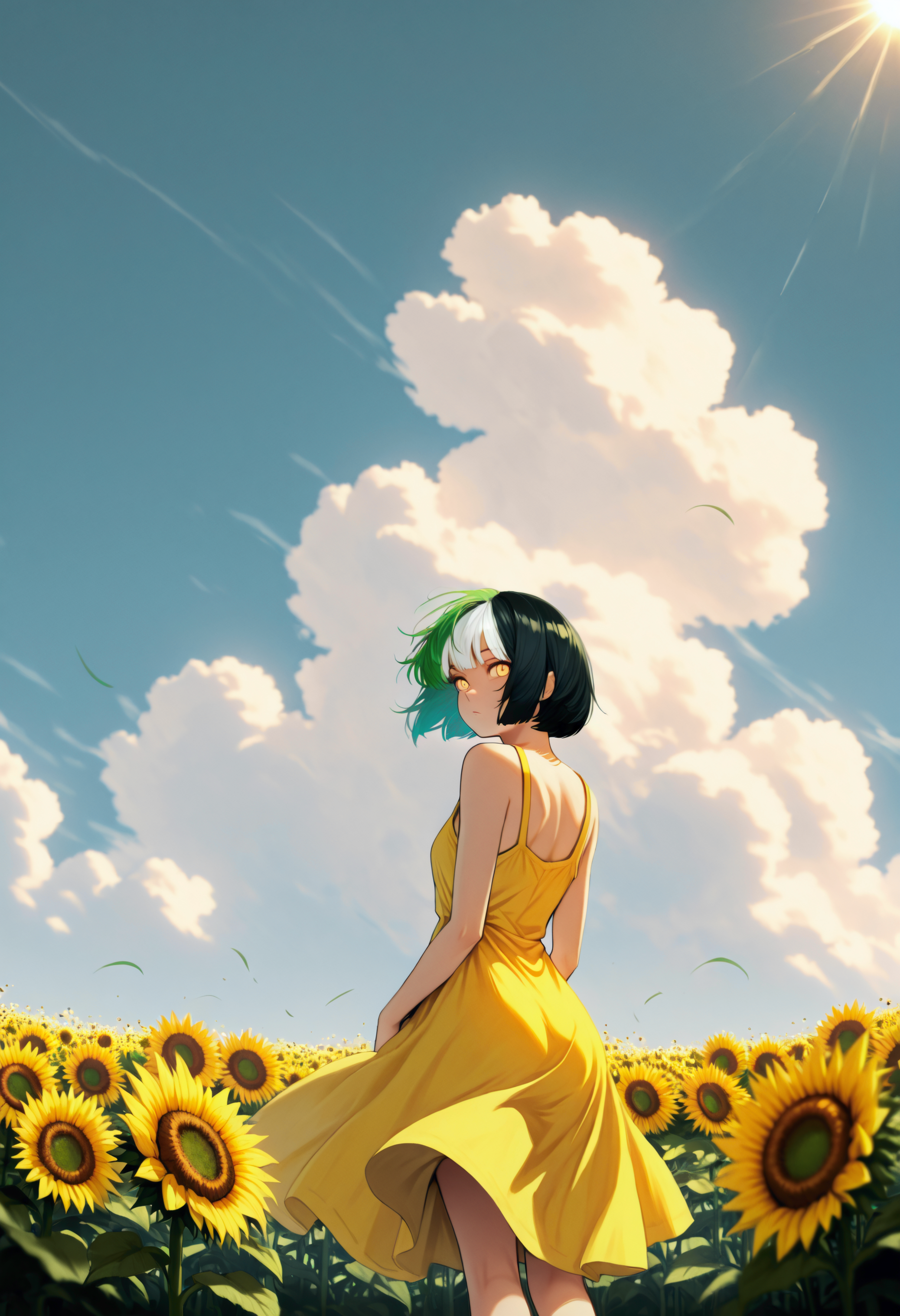 solo, <lora:NSMelionPalHairIllu:1>, NSMelionPalHair, green hair, black hair, white hair, multicolored hair, short hair, bob cut, from behind, flower field, yellow sundress, yellow eyes, sleeveless, sunflower, wide shot, looking back, depth of field, wind, floating clothes, sunlight, sky, cloud, masterpiece, best quality