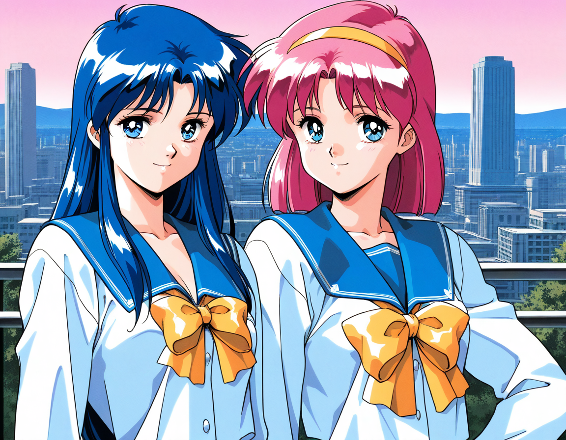 masterpiece, best quality, good quality, <lora:AiShimai_Futari_no_Kajitsu_IS:1> Kitazawa_Rumi, 1girl, blue hair, breasts, long hair, blue eyes, 
school uniform, serafuku, retro artstyle, 1990s (style) BREAK, Kitazawa_Tomoko, 1girl, pink hair, Yellow hairband, small breasts, short hair,
serafuku, school uniform, Yellow ribbon, 1girl, BREAK,
 multiple girls, 2girls, blue eyes, blue hair, long hair, retro artstyle, long sleeves, smile, bow, blue sailor collar, sailor collar, 1990s (style), upper body, looking at viewer,
outdoor, sky, city,