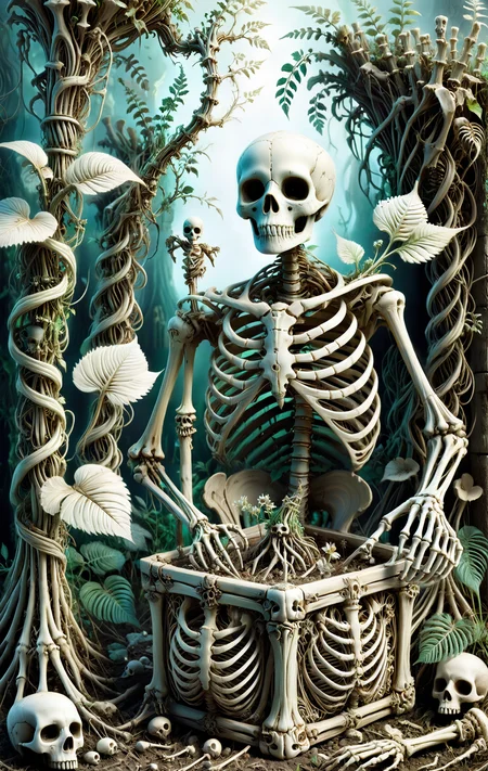 Monster in a Box, dvr-bnz, masterpiece, skeletal gardener, made of twisted roots and bones, holding a bone-crafted spade, glowing green eyes, emerging from an ancient wooden seed box, box adorned with carved vines and withered flowers, faint green glow, skeletal fingers planting bone seeds, overgrown and mystical atmosphere, bones intertwined with roots, decayed plant life, dark and enchanted garden, eerie yet serene, ancient nature magic, forgotten cemetery garden