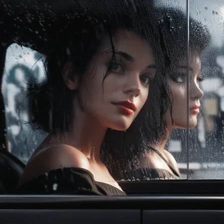 score_9, score_8_up, score_7_up, score_6_up, flmgr, flmgr, film grain, cinematic, 1girl, black hair, realistic, solo, rain, reflection, window, lips, looking at viewer, black eyes, bare shoulders, blurry, off shoulder, red lips, rain, raindrops on the window